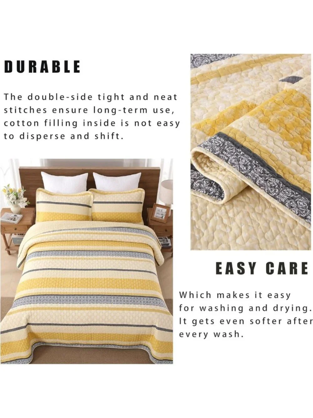 Lightweight Queen Quilt Bedding Set - Yellow Black Grey Striped Comforter, 3